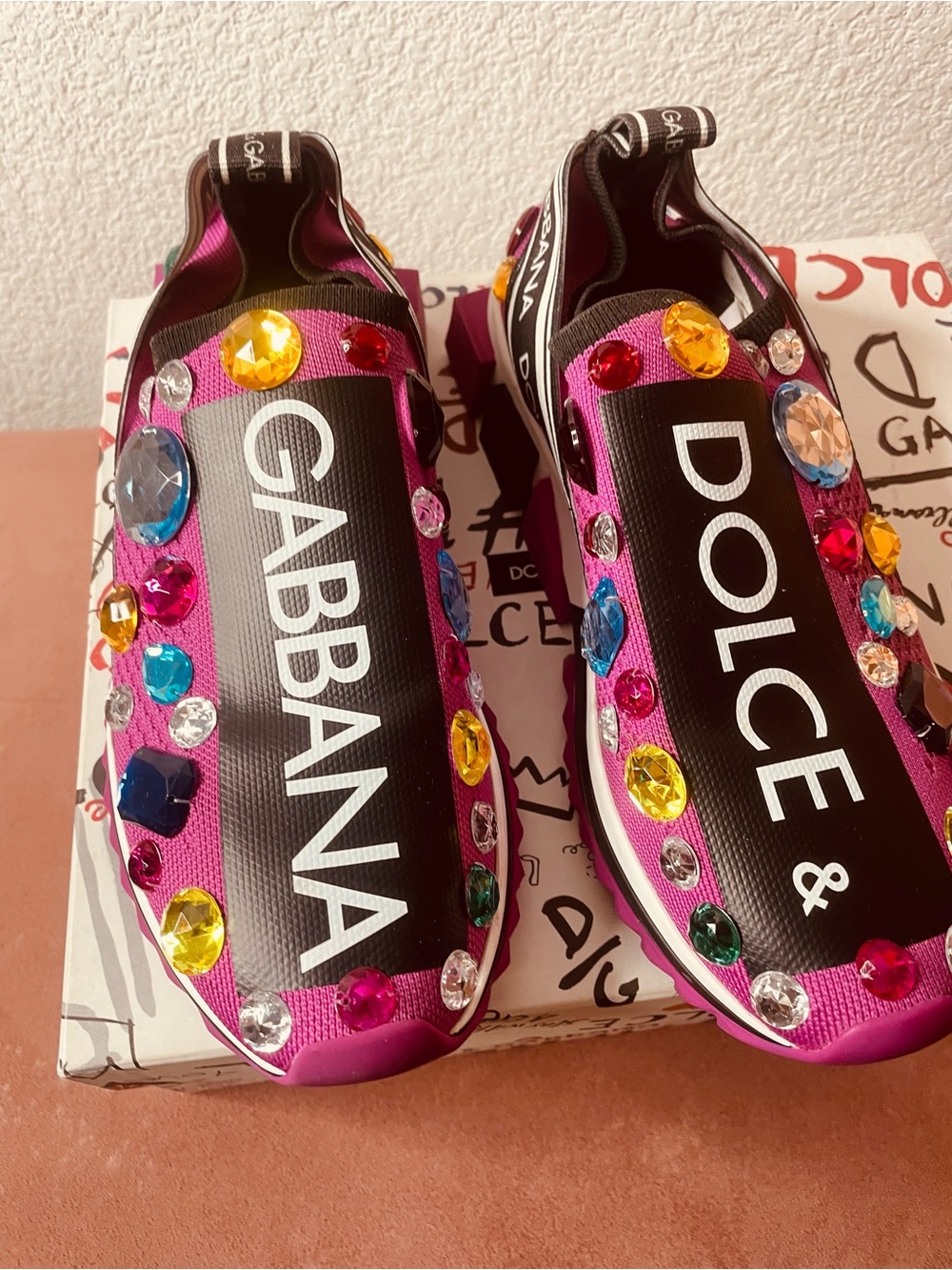 Dolce & Gabbana Hot Pink Jeweled Logo Slip-On Sneakers